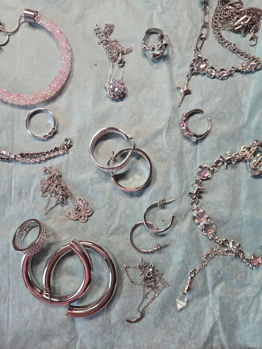 Silver Whismy Jewelry Bundle: Earrings, Hoops, Tennis Bracelet, Necklaces, Rings